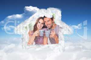 Composite image of couple looking at the camera with a coffee