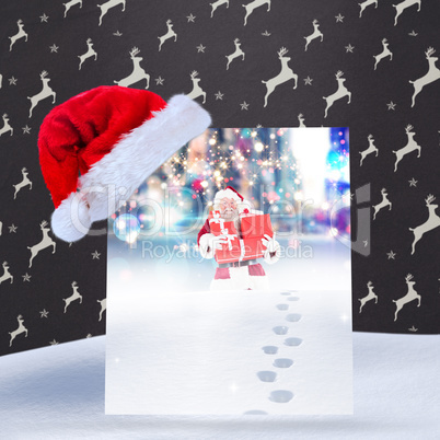 Composite image of santa hat on poster
