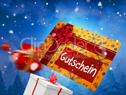 Composite image of flying gift card and presents