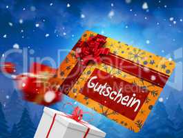 Composite image of flying gift card and presents