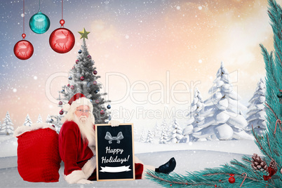 Composite image of santa sits leaned on his bag with a board