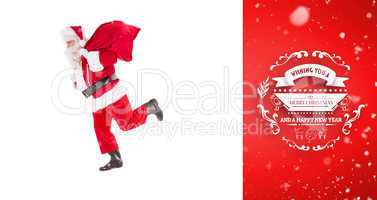 Composite image of santa claus walking with a sack