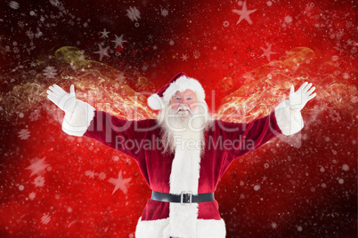 Composite image of jolly santa opens his arms to camera