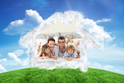 Composite image of happy family lying in bed and smiling at the