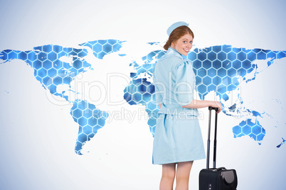 Composite image of pretty air hostess leaning on suitcase