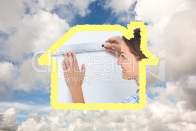Composite image of happy man and his wife measuring together