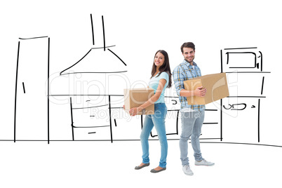 Composite image of happy young couple with moving boxes