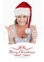 Composite image of portrait of a woman with the thumbs up and a