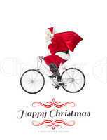 Composite image of santa claus delivering gifts with bicycle