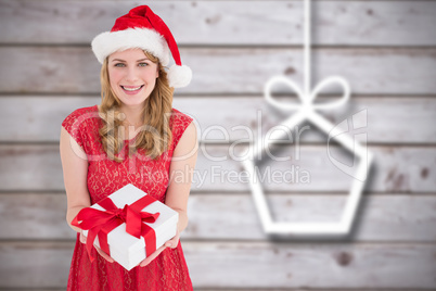 Composite image of smiling pretty woman in red dress offering pr