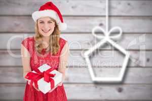 Composite image of smiling pretty woman in red dress offering pr