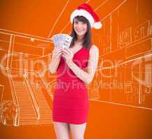 Composite image of festive brunette in red dress showing her cas