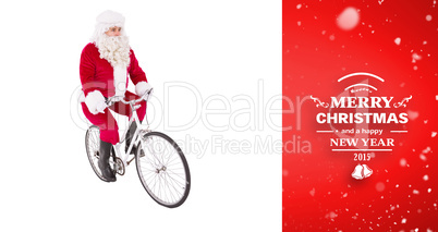 Composite image of cheerful father christmas cycling