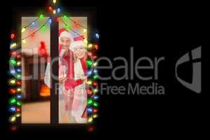 Composite image of happy festive couple with gifts and bags