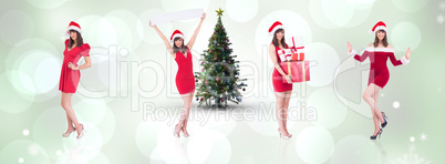 Composite image of festive brunette holding pile of gifts