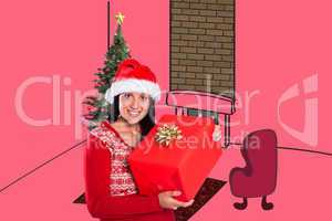 Composite image of young brunette with christmas present