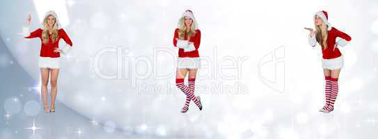 Composite image of pretty girl in santa outfit holding hand up