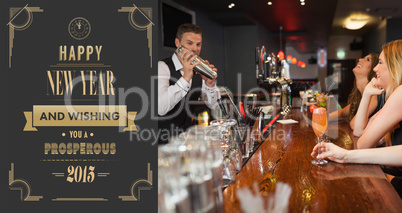Composite image of handsome bartender making cocktails for beaut