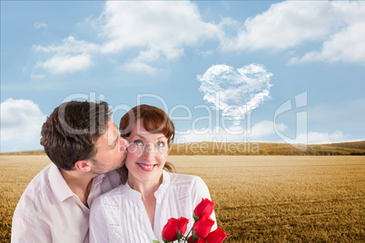 Composite image of woman getting roses from man
