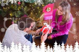 Composite image of sitting couple giving each other presents