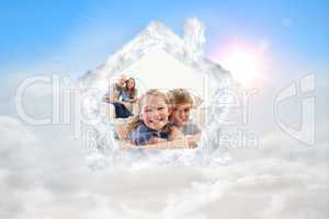 Composite image of happy siblings posing on a carpet with their