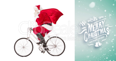 Composite image of santa claus delivering gifts with bicycle