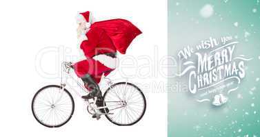 Composite image of santa claus delivering gifts with bicycle
