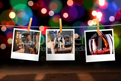 Composite image of handsome bartender working while gorgeous fri