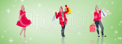 Composite image of happy blonde holding shopping bags