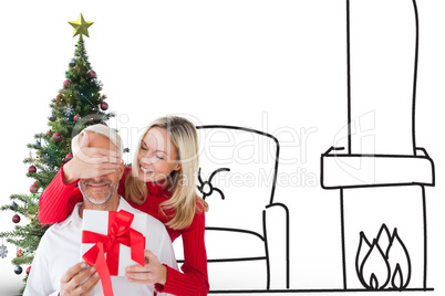 Composite image of loving couple with gift