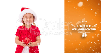 Composite image of cute little girl wearing santa hat holding ba