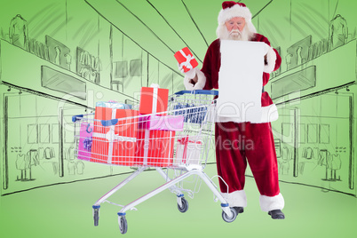 Composite image of santa spread presents with shopping cart