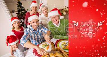 Composite image of father in santa hat carving chicken at christ