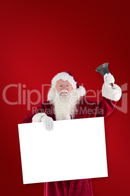 Composite image of santa holds a sign and rings his bell