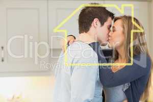 Composite image of hugging and kissing couple