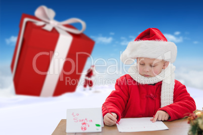 Composite image of cute boy drawing festive pictures