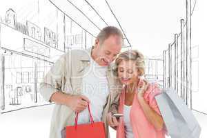 Composite image of couple with shopping bags and smartphone
