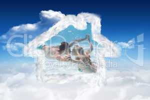 Composite image of cute couple kissing underwater in the swimmin