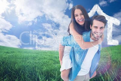 Composite image of happy hipster giving his girlfriend a piggy b