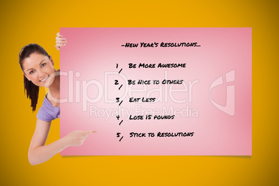 Composite image of good looking female pointing at a list while