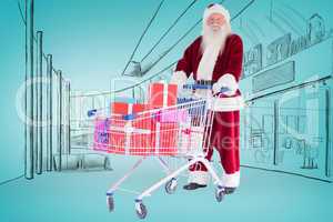 Composite image of santa pushes a shopping cart with presents