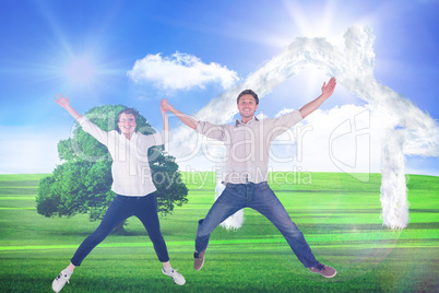 Composite image of couple jumping and holding hands