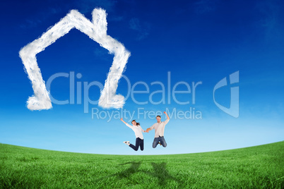 Composite image of couple jumping and holding hands