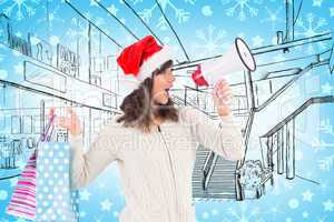 Composite image of festive brunette holding megaphone and bags