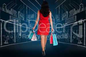 Composite image of woman standing with shopping bags