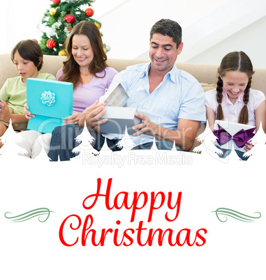 Composite image of family opening christmas gifts