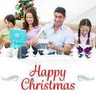 Composite image of family opening christmas gifts