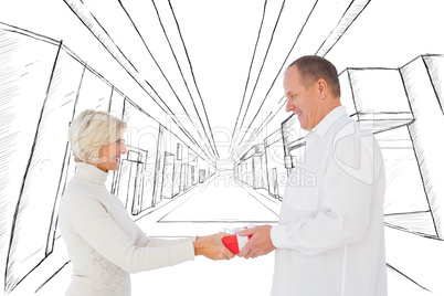 Composite image of couple exchanging gift