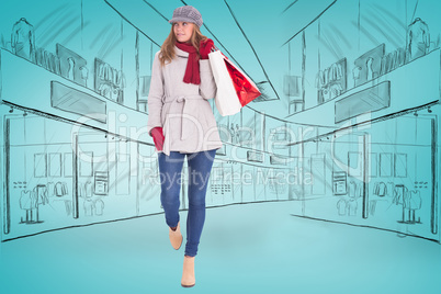 Composite image of happy blonde in winter clothes with bags Composite image of happy blonde in winter clothes with bags