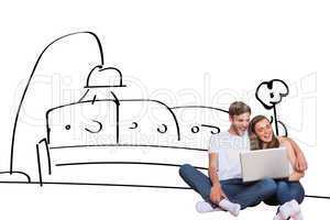 Composite image of young couple using laptop on floor